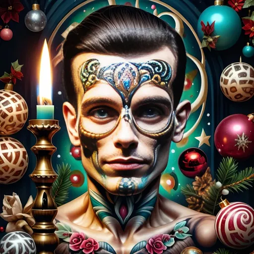 Prompt: (nutcracker), (candle and candle holder), surrounded by (Christmas decorations), (psychedelic art style), (vibrant color scheme), (extremely detailed), (oil painting), (airbrush painting), inspired by (Anne Stokes), (pop surrealism), dynamic patterns and textures, warm and festive ambiance, high-quality artistry, rich hues melding into each other, whimsical elements drawing viewers in, enchanting holiday spirit, magical atmosphere.