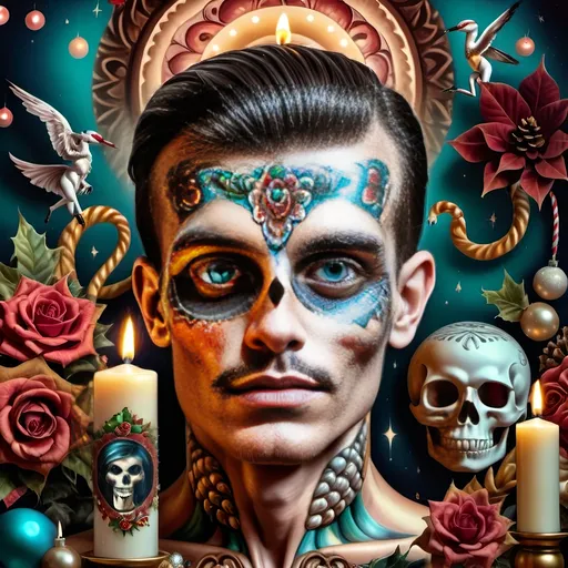 Prompt: (nutcracker), (candle and candle holder), surrounded by (Christmas decorations), (psychedelic art style), (vibrant color scheme), (extremely detailed), (oil painting), (airbrush painting), inspired by (Anne Stokes), (pop surrealism), dynamic patterns and textures, warm and festive ambiance, high-quality artistry, rich hues melding into each other, whimsical elements drawing viewers in, enchanting holiday spirit, magical atmosphere.