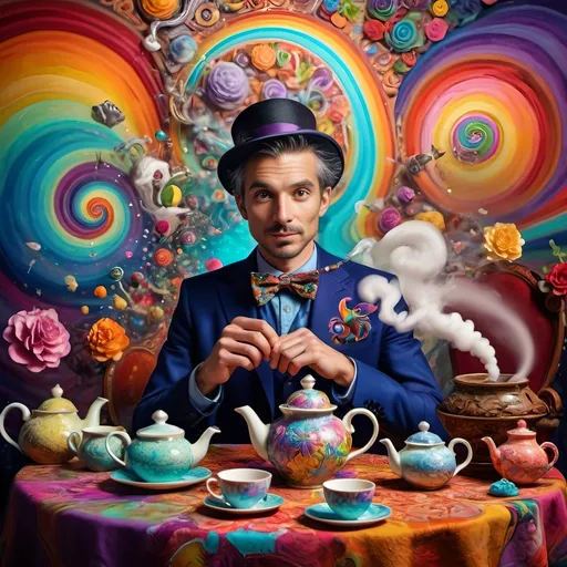 Prompt: (psychedelic still life portrait), vibrant colors, (magician jack-in-the-box man), whimsical tea party ambience, enchanting teapots, magical items animated around him, open book in front, dreamy and surreal atmosphere, intricate details, flowing patterns, mesmerizing depth, an explosion of colors, high-definition masterpiece, captivating and playful vibe.