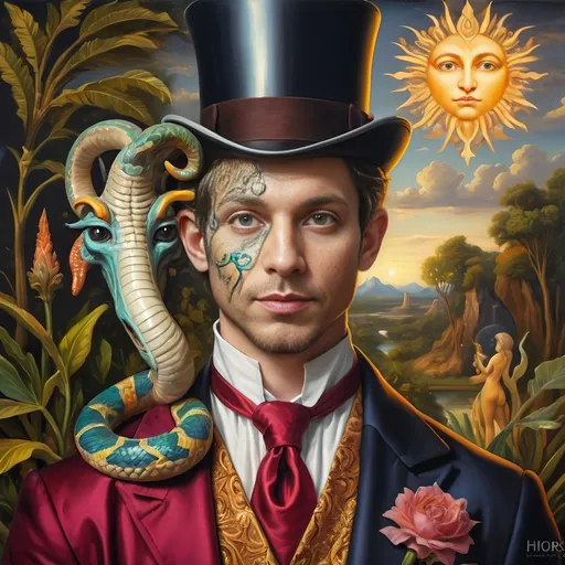 Prompt: (Renaissance portrait masterpiece), a whimsical (@magician) satyr, surrounded by mystique serpent transformation elements, honoring (@Horus) and (@Nuit). Vivid glass art techniques, intricate details, baroque elements, serene Arcadian landscape in the background, rich vibrant colors, warm golden tones, dramatic lighting, ethereal atmosphere that reflects a fusion of mythology and artistry, ultra-detailed HD quality.