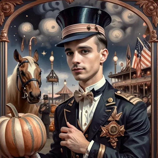 Prompt: (art deco style), vibrant color scheme, man in a top hat holding a pumpkin, still life portrait honoring Nuit, (magician with hat), strong sense of magic, all Hallows' Eve theme, detailed frame, enchanting sky background, ethereal clouds, inspired by Alejandro Burdisio, gothic art influences, (highly detailed digital painting), character portrait, (4K resolution), breathtaking ambiance, whimsical yet eerie vibe.