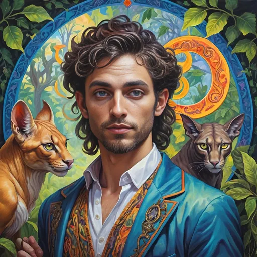 Prompt: (August portrait masterpiece) of a magician satyr, (Renaissance art style), vibrant hues, ethereal lighting, featuring the open eye symbol, honoring Horus and Nuit, mystique serpent transformation qualities, lush Arcadian landscape with rich foliage, intricate glasswork details, reverent atmosphere, dreamlike ambiance, historically accurate attire, reminiscent of classical paintings, (ultra-detailed) composition showcasing magical elements and divine worship intertwined.