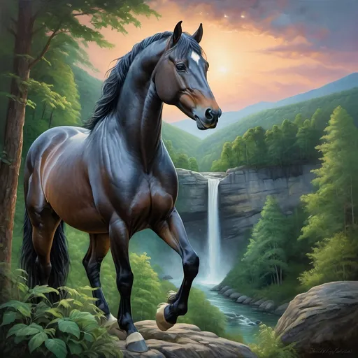 Prompt: (Honoring Nuit), (detailed oil painting), majestic stallion horse, awe-inspiring landscape of Eastern Kentucky, lush forest covered mountains, iconic Natural Bridge, vibrant greens of heavy trees and dense vegetation, ethereal twilight sky, serene atmosphere, high depth cinematic beauty, ultra-detailed, rich color tones, captures the essence of nature and glory of the stallion.