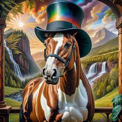 Prompt: (A psychedelic oil painting) of a magician, (a man with a top hat and cane), vivid color palette, enchanting scene, intricate stained glass window behind him, whimsical patterns, surreal atmosphere, mystic aura, high contrast lighting, art reflecting the imaginative essence of seven wonders, (ultra-detailed), captivating and dreamlike ambiance.