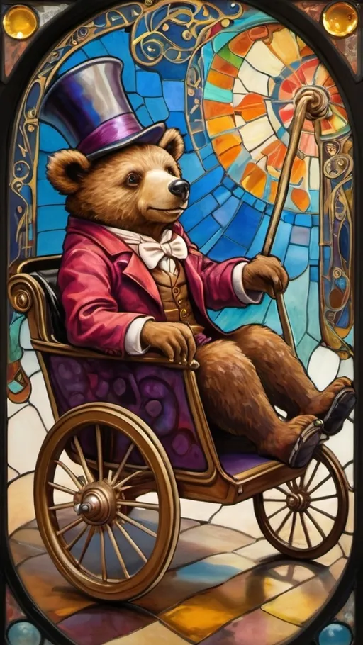 Prompt: Art nouveau painting of a (magician riding a cart shaped like a cub bear), vibrant color scheme, (hallucinogenic swirls) and (patterns), whimsical amusement park ambiance, (constructed from stained glass and porcelain), richly detailed textures, (dreamlike atmosphere), enchanting backdrop filled with colorful attractions, captivating light play, ultra-detailed, imaginative masterpiece.