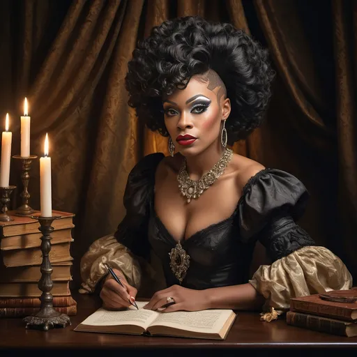 Prompt: Baroque-style still-life portrait, (honoring a black drag queen poet), celebrating literary creativity, rich details in (dramatic lighting), surrounded by quill pens, parchment, books, elegant fabric drapes, intricate textures, atmospheric candlelit background, deep shadows and highlights, lush colors, ultra-detailed, historical ambiance, evoking inspiration and reverence for the art of poetry.