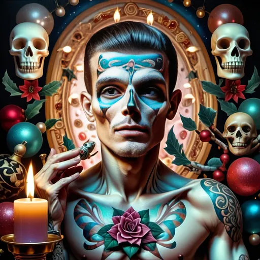 Prompt: (nutcracker), (candle and candle holder), surrounded by (Christmas decorations), (psychedelic art style), (vibrant color scheme), (extremely detailed), (oil painting), (airbrush painting), inspired by (Anne Stokes), (pop surrealism), dynamic patterns and textures, warm and festive ambiance, high-quality artistry, rich hues melding into each other, whimsical elements drawing viewers in, enchanting holiday spirit, magical atmosphere.