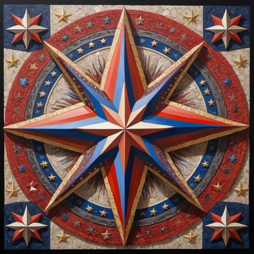 Prompt: (detailed painting), (symbolic star), vibrant colors of the United States, intricate symbols representing America, rich textures, depth in colors, blend of traditional and modern regionalism themes, expressing unity and diversity, profound visual storytelling, captures the essence of American identity, ultra-detailed, a masterpiece celebrating the spirit of the nation.