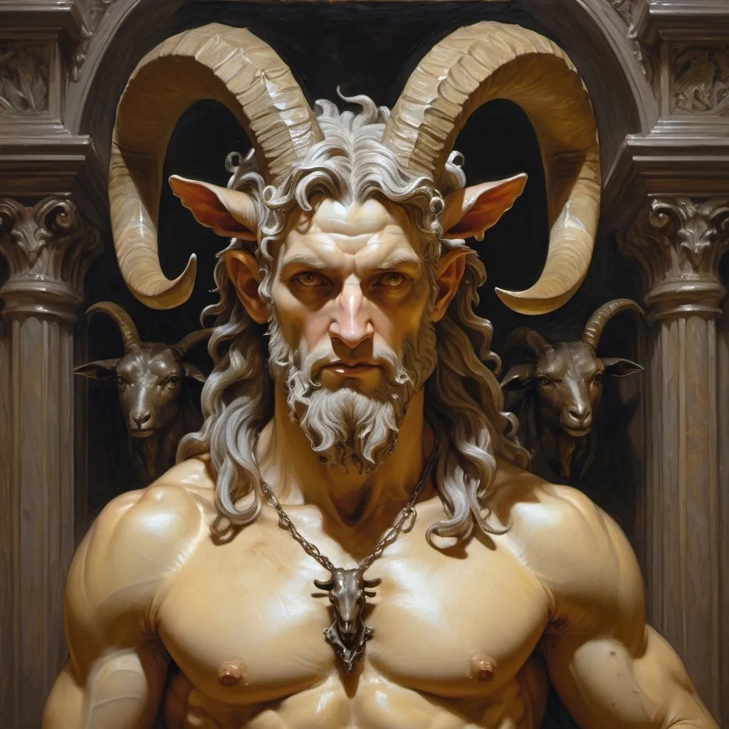 Prompt: a statue of a man satyr with horns and a goat's head on his chest and a goat's head on his chest, Donato Giancola, gothic art, highly detailed oil painting, a bronze sculpture