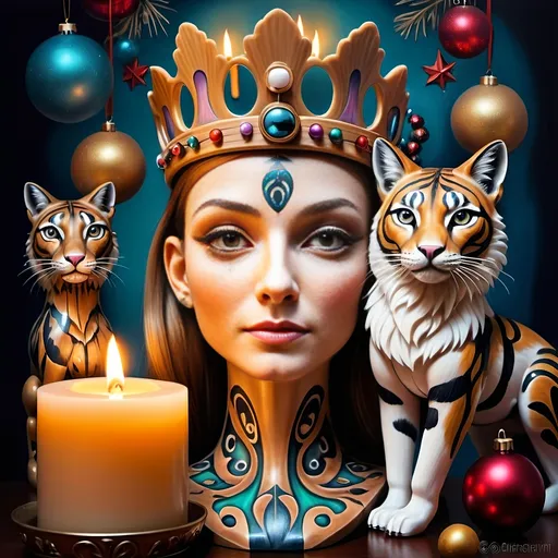 Prompt: (nutcracker), (candle and candle holder), surrounded by (Christmas decorations), (psychedelic art style), (vibrant color scheme), (extremely detailed), (oil painting), (airbrush painting), inspired by (Anne Stokes), (pop surrealism), dynamic patterns and textures, warm and festive ambiance, high-quality artistry, rich hues melding into each other, whimsical elements drawing viewers in, enchanting holiday spirit, magical atmosphere.