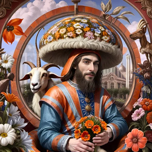 Prompt: A Seven Wonders Art Glass Studio renaissance oil on canvas painting of a man with a goat's head in a circle surrounded by flowers and plants.  Honoring Nuit Spring Equinox 1640