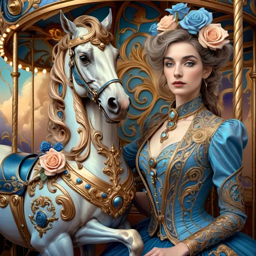 Prompt: (Art Nouveau carousel), (woman with horse), (roses on carousel), dreamy pastel color scheme, lavish swirls and intricate details, bold gold and azure tones, ethereal atmosphere, magical ambiance, enchanting background with a softly lit sky, serene and elegant mood, (highly detailed artwork), reminiscent of the 7 Wonders Art Studio style, whimsical elements capturing the essence of Nuit's honor.