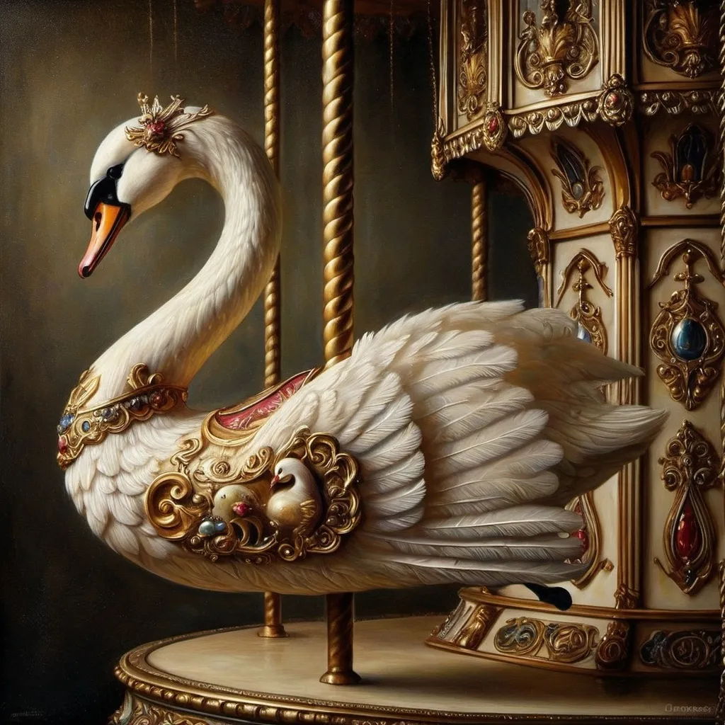 Prompt: a white swan on a carousel with a crown on its head and a gold chain around its neck and neck, Anne Stokes, pop surrealism, highly detailed oil painting, an ultrafine detailed painting