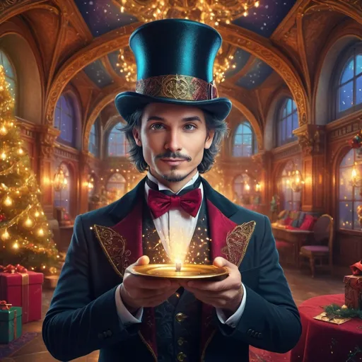 Prompt:  Christmas setting. (magician with top hat), (magical ambiance), intricate details, cheerful expression, (ultra-fine detailed digital painting), vibrant colors, dramatic lighting, Renaissance background with ornate architecture, whimsical elements, captivating aura, enchanting atmosphere, showcasing magical effects and sparkles, (4K), enchanting scene, visually stunning masterpiece.