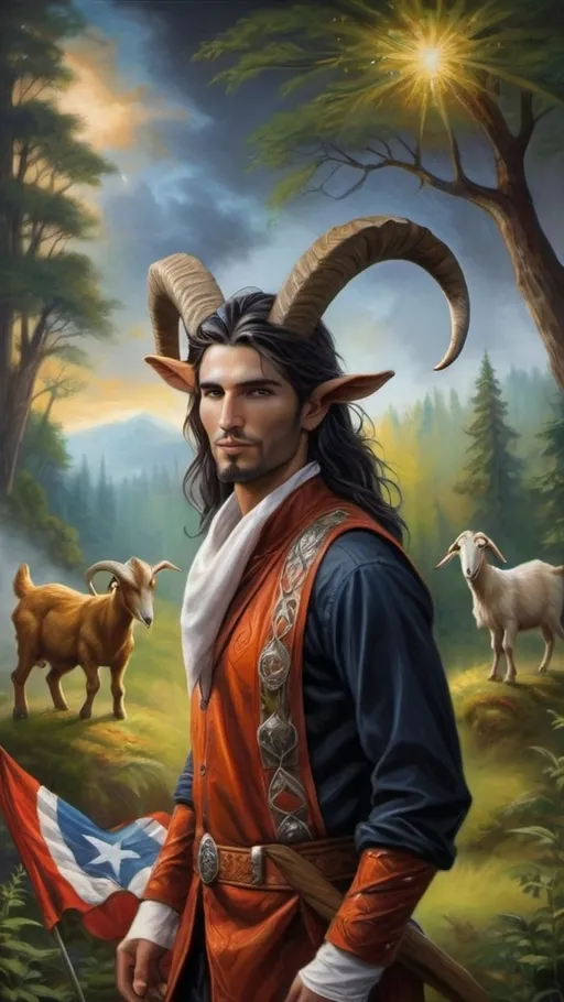 Prompt: (Anne Stokes inspired) painting of a (man with a goat's head), striking pose, a (flag billowing in front), deep magical forest background, high vibrancy, epic fantasy vibe, intricate details, dynamic brushwork, soft highlights and shadows, (masterpiece quality), immersive colors and textures, portraying a heroic and otherworldly atmosphere.