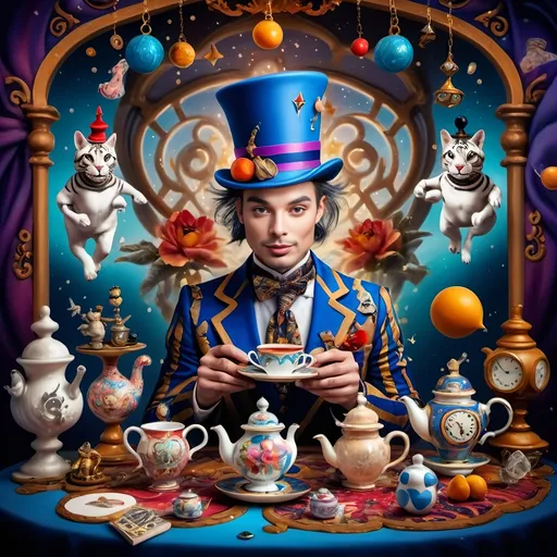 Prompt: (still life portrait), (psychedelic art style), (vibrant color scheme), a whimsical magician jack-in-the-box man, surrounded by enchanting teapots and magical items, captivating tea party scene, objects coming to life, an open book with mystical symbols, surreal and dreamlike atmosphere, vivid hues and intricate patterns, high-quality detail, a splash of imagination and wonder.