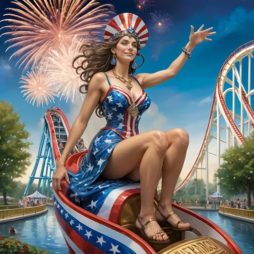 Prompt: a 7 Wonders Art Glass Studio of a person in patriotic dress riding the rollercoaster Liberty Park, located in Washington D.C, Northern Virginia, and Maryland local attractions, with U.S.Flag themes and float in the background and fireworks in the sky, 4th of July in Liberty Park.  honoring the goddess Nuit.