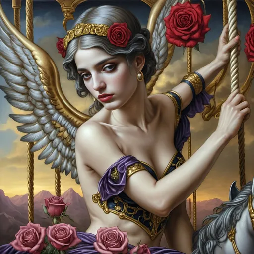 Prompt: a 7 Wonders Art Glass Studio oil painting (honoring Nuit) of the God Eros with a horse on a swing (Carousel of Gods) with wings and a rose on his chest,, Evelyn De Morgan, neoclassicism, highly detailed digital painting, a detailed painting hues of brilliant gold, azure, and purples