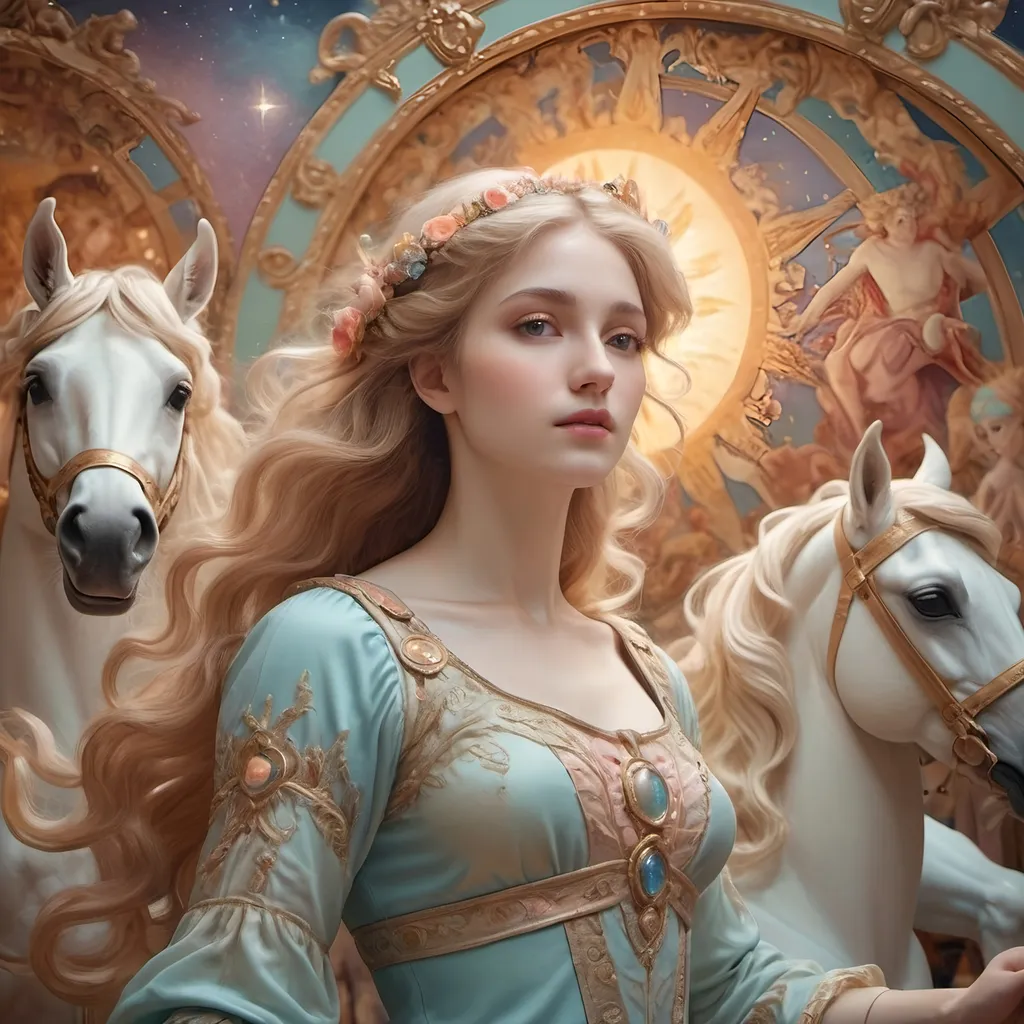 Prompt: (artstyle-renaissance), carousel of Humanity, (pastel color scheme), portrait of Apollo, celestial elements, influences of Nuit and Hadit, blending warmth of the sun, dynamic magic, ethereal atmosphere, whimsical details, soft lighting, intricate patterns, harmonious composition, high-quality, ultra-detailed, dreamy ambiance, romantic and enchanting.