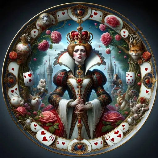 Prompt: a painting of a queen of hearts surrounded by cats and roses and roses on a plate with a cat on it, Craola, gothic art, highly detailed digital painting, an ultrafine detailed painting