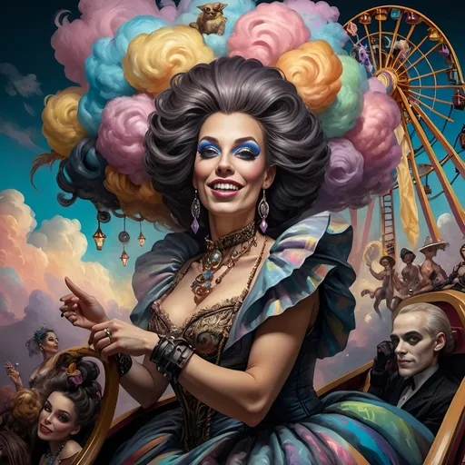 Prompt: (honoring nuit), a mesmerizing painting of colorful drag queens exuding joy and fabulousness while riding a roller coaster, vibrant (rainbow) painted on the side, a whimsical ferris wheel creating a festive atmosphere in the background, whimsical cotton candy clouds, (dynamic movement), warm pastel colors enhancing the lively scene, ultra-detailed, high-quality artwork capturing a celebratory ambiance.