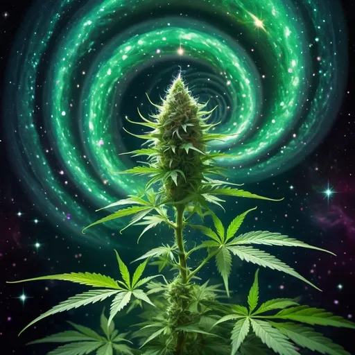 Prompt: (Nuit influence) marijuana plant, swirling background with radiant stars, (spiral of light above), vibrant Art Green colors, cosmic atmosphere, deep-space visuals, captivating galaxy details, poster art style, engaging celestial elements creating a sense of whimsy, ultra-detailed, high resolution, dreamlike ambiance reflecting the tranquility of the cosmos.