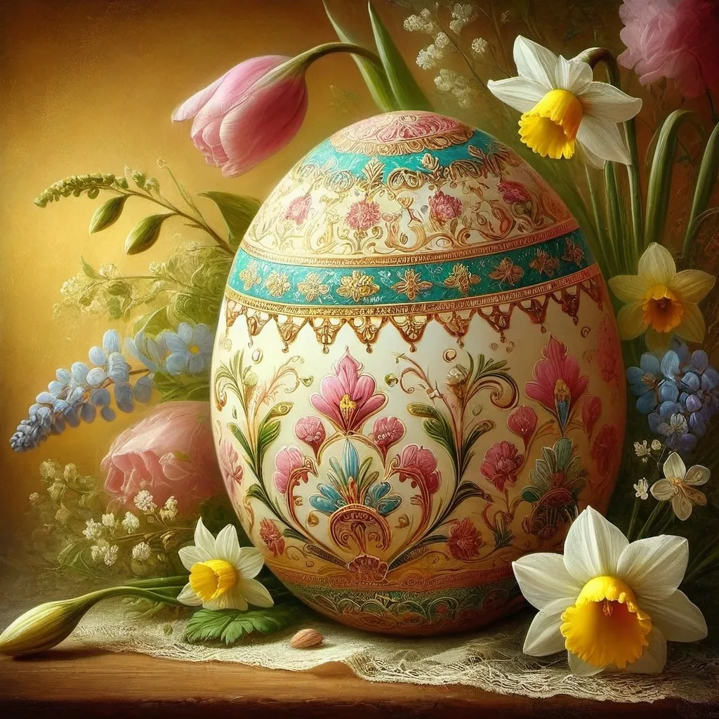 Prompt: a painting of a large decorated Easter egg with flowers on a table next to it and a vase with flowers on it, Clara Peeters, folk art, highly detailed oil painting, a detailed painting