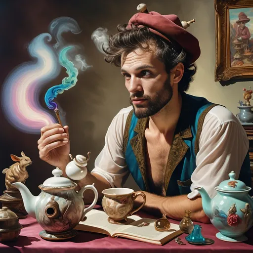 Prompt: (psychedelic still life portrait), a magician jack-in-the-box man, surrounded by (vibrant) teapots and enchanted magical items, items coming to life at a whimsical tea party, an open book exuding shimmering light in front of him, rich jewel tones, swirling patterns, otherworldly atmosphere, 4K, ultra-detailed, dreamlike ambiance.