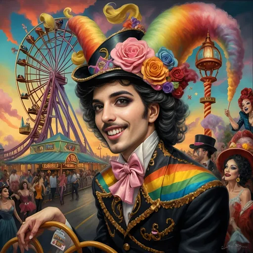 Prompt: (honoring nuit), a mesmerizing painting of colorful drag queens exuding joy and fabulousness while riding a roller coaster, vibrant (rainbow) painted on the side, a whimsical ferris wheel creating a festive atmosphere in the background, whimsical cotton candy clouds, (dynamic movement), warm pastel colors enhancing the lively scene, ultra-detailed, high-quality artwork capturing a celebratory ambiance.