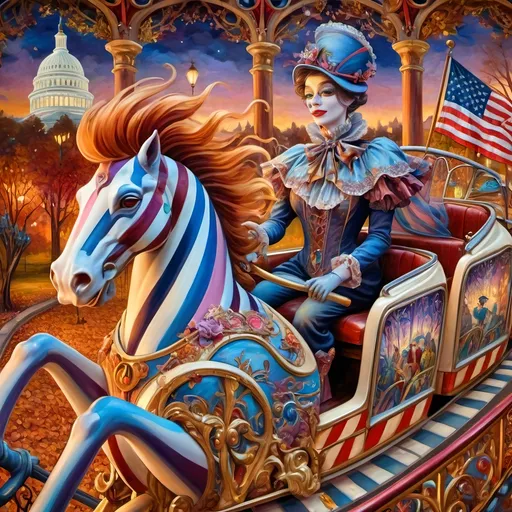 Prompt: (Renaissance oil on canvas), (Art Nouveau style), (pastel color scheme), enchanting amusement park titled “Liberty Park” in D.C., magical and whimsical atmosphere, intricate fine details, vibrant rides themed around Americana and patriotism, spectacular stained glass roller coaster, woman magician in a striking mask, elegantly poised in the first car, dreamy surroundings, enchanting woods in the background, (ultra-detailed, HD).