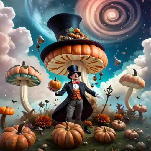 Prompt: (art deco style), (vibrant colors), a man in a top hat holding a pumpkin, still life portrait of a magician, strong sense of magic, all hallows eve theme, framed, sky background with whimsical clouds, gothic elements, highly detailed digital painting, character portrait, artistic masterpiece, immersive atmosphere, rich color contrasts, enchanting vibe, inspired by Alejandro Burdisio, ultra-detailed, HD.