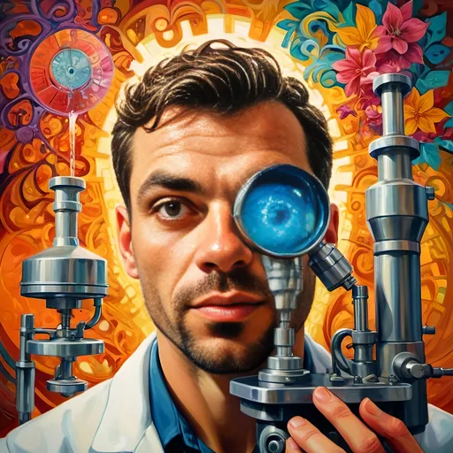 Prompt: (Art Nouveau Style Painting) a gay man in a lab coat, (holding a microscope) and a book, vibrant psychedelic colors, intricate floral patterns, dynamic curves, whimsical elements, colorful swirling designs, ambient lighting, (Aaron Jasinski inspired), poster composition, (highly detailed), captivating visual, artistic atmosphere, imaginative and unconventional, enhancements in depth and symmetry, a harmonious blend of science and art.