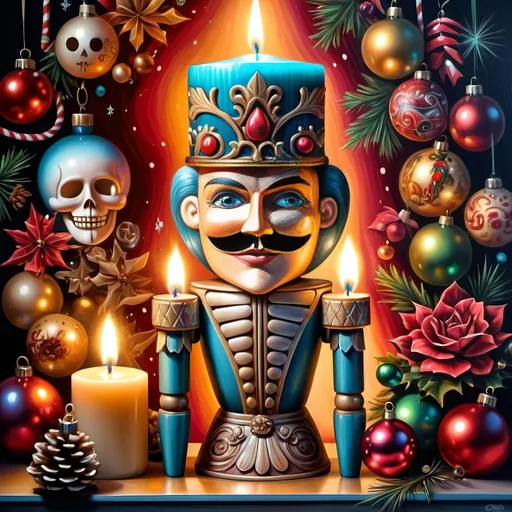 Prompt: (nutcracker), (candle and candle holder), surrounded by (Christmas decorations), (psychedelic art style), (vibrant color scheme), (extremely detailed), (oil painting), (airbrush painting), inspired by (Anne Stokes), (pop surrealism), dynamic patterns and textures, warm and festive ambiance, high-quality artistry, rich hues melding into each other, whimsical elements drawing viewers in, enchanting holiday spirit, magical atmosphere.