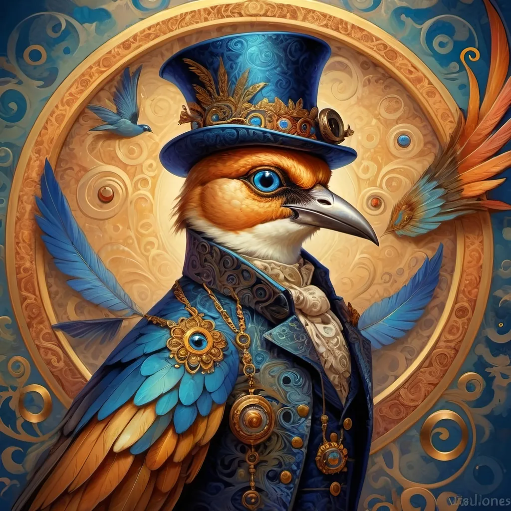 Prompt: a painting of a colorful bird with a circular background and a gold ring around it's neck and a blue eye, Android Jones, psychedelic art, highly detailed digital painting, a detailed painting