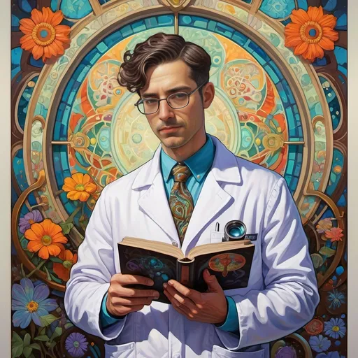 Prompt: Art Nouveau Style Painting, (vibrant colors), a gay man in a lab coat, holding a microscope, and a book in front of him, psychotropic designs, celestial patterns, intricate floral motifs, bold lines, (psychedelic art), (poster design), whimsical ambiance, (Aaron Jasinski-inspired), display of knowledge, captivating gaze, high detail, inviting atmosphere, enchanting background, (ultra-detailed format).