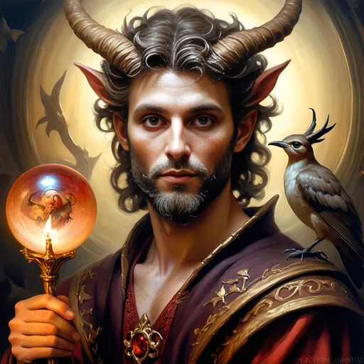 Prompt: A (captivating) oil painting depicting a (mysterious magician) with a (horned head), a (bird perched gracefully on his shoulder), holding a (beautifully crafted cane) and an (orb in his hand), beautifully capturing themes of (fantasy) and (transformation). Character portrait-style, influenced by (Clint Cearley's) signature artistry, with ethereal hues and (vivid detailing) honoring the legendary figures of (Pan and Nuit), set against a dreamy, (surreal background) that evokes wonder.