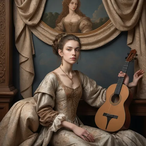 Prompt: (Renaissance-style portrait), honoring a (non-binary musician), capturing artistry and creativity, muted color scheme, rich details, soft lighting, intricate background with classical motifs, thoughtful expression, detailed attire with elegant patterns, emotive atmosphere, subtle textures, high-quality, (ultra-detailed).