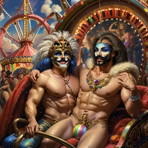 Prompt: (Honoring Nuit), vibrant oil painting of a lively group of drag queens riding a roller coaster, ecstatic expressions, in a whimsical carnival setting, colorful ferris wheel glowing in the background, (rainbow) painted on the coaster's side, bright blue sky filled with fluffy clouds, joyous atmosphere, high energy, ultra-detailed, cinematic masterpiece.