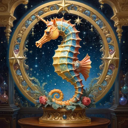 Prompt: (ultra-detailed) painting of a sea horse, magnificently perched on an ornate stand, surrounded by a captivating circular arrangement of (glimmering ornaments) and sparkling stars, with a shining star softly illuminating the background, crafted in the style of Donato Giancola, evoking a sense of enchanting fantasy, vibrant hues, and magical ambiance.