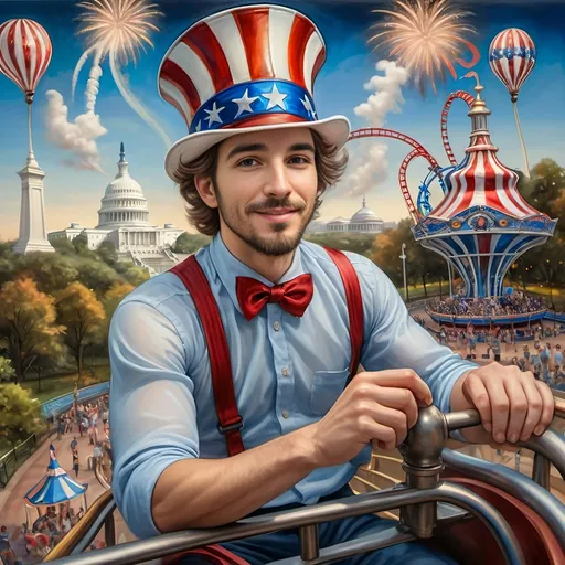 Prompt: (A Seven Wonders Art Glass Studio masterpiece) painting of a man wearing a patriotic hat, (thrilling pose) riding the Freedom rollercoaster, (vibrant colors), scenic background of Freedom Park in D.C., (dynamic movement), celebrating freedom, eternal spark of joy, whimsical ambiance, soft warm lighting, highly detailed, clarity, engaging and joyful atmosphere, surrounded by delighted visitors, landmarks in the distance.