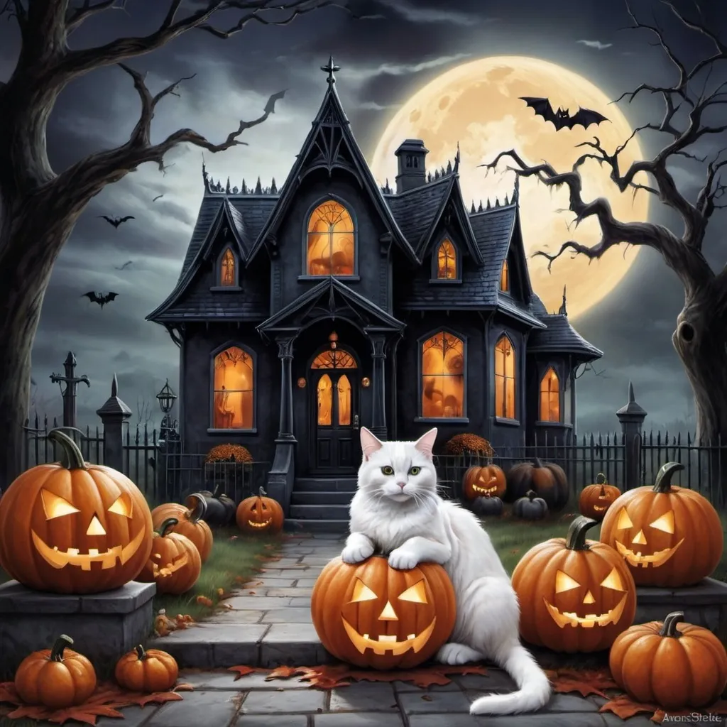 Prompt: a halloween scene with pumpkins and a house with a ghost on it and a cat sitting in front of it, Anne Stokes, gothic art, horror theme, poster art