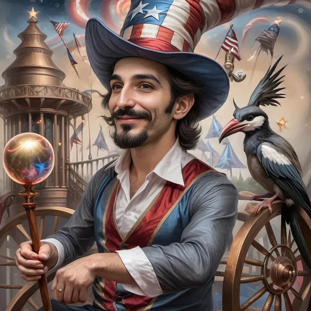 Prompt: A (captivating) oil painting depicting a (mysterious magician) with a (horned head), a (bird perched gracefully on his shoulder), holding a (beautifully crafted cane) and an (orb in his hand), beautifully capturing themes of (fantasy) and (transformation). Character portrait-style, influenced by (Clint Cearley's) signature artistry, with ethereal hues and (vivid detailing) honoring the legendary figures of (Pan and Nuit), set against a dreamy, (surreal background) that evokes wonder.