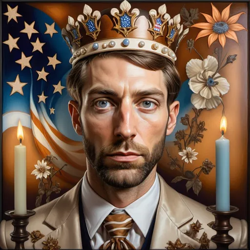 Prompt: A Seven Wonders Art Glass Studio painting of a man wearing a crown and American flag behind him with candles in the background and a candle lit room, Charles Bird King, american realism, highly detailed digital painting, a character portrait honoring Nuit.