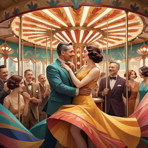 Prompt: (Art Deco style), vibrant color scheme, (Carousel of Humanity), portrait of compassion, humor and joy, human figures sharing moments of kindness, intricate patterns, geometric shapes, harmonious design, warm bright tones, petals and floral intricacies, dynamic movement, evocative atmosphere, ultra-detailed, cinematic masterpiece, expressive composition.