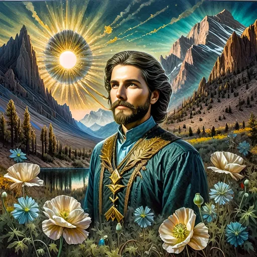 Prompt: A Seven Wonders Art Glass Studio portrait oil painting of a man with a beard in middle of Mojave Desert peak Poppy bloom season. Honoring Nuit