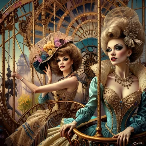 Prompt: (A stunning oil masterpiece) of a group of drag queens in (fancy clothing), joyfully riding the Nation’s New drag queen roller coaster in Liberty Park, vibrant colors and dazzling details, dramatic expressions of excitement, adorned with shimmering accessories, against a whimsical background filled with a Ferris Wheel of Drag Queens, honoring Nuit, surrounded by local attractions, (highly detailed, ultra-realistic).