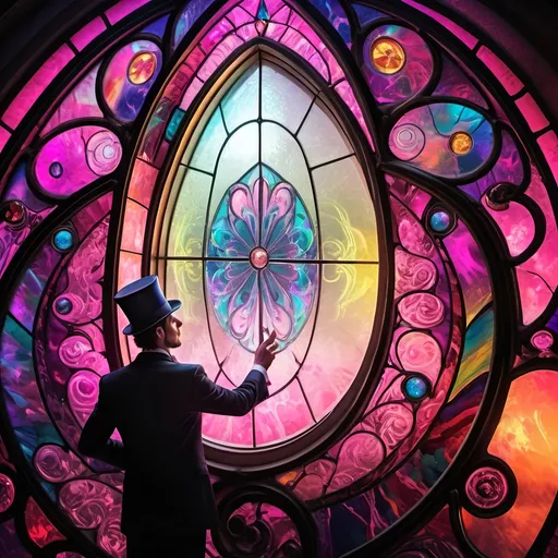 Prompt: (psychedelic art), magician man, (vibrant color scheme), pink top hat made of stained glass, tuxedo, enchanted stained glass magic portal mirror, colorful aura, swirling patterns, fantastical elements, dreamy atmosphere, intricate details, high contrast colors, HD quality, surreal ambiance, whimsical background, captivating reflections, alluring expression, intricate visual depth.