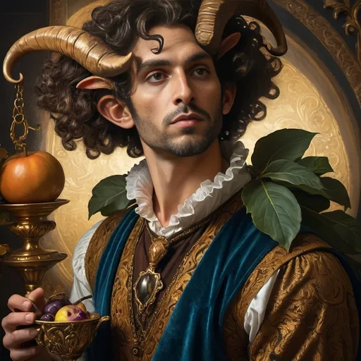 Prompt: (Renaissance style art) saturated still life portrait, (dark color scheme), ethereal ambiance, (vibrant) satyr man magician with pronounced horns, mystical objects surrounding him, dramatic lighting creating deep shadows, textured fabric, rich golden accents, intricately detailed background blending classic elements, (ultra-detailed), a captivating blend of magic and antiquity, rich visual storytelling.