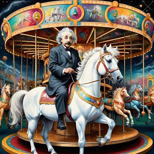 Prompt: (Art Deco style) painting of Albert Einstein on a carousel, a white horse prominently in front, colorful carousel elements, (vibrant color scheme), detailed chalkboard filled with scientific formulas in the background, (highly detailed), (ultra-fine details), (digital painting), (analytical art), whimsical atmosphere, intricate design elements, dynamic composition, enchanting ambiance.