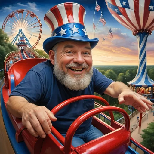 Prompt: A masterpiece painting by A Seven Wonders Art Glass Studio, (vibrant colors), depicting a man in a (patriotic hat) riding the (Freedom rollercoaster) in D.C.’s (new amusement park) named Freedom Park. The background features (dynamic amusement park rides), (lush greenery), and the spirit of (freedom) runs throughout. A symbolic homage to Nuit, with a (breathtaking sky) above, featuring (warm light) detailing and a victorious atmosphere, encapsulated in (ultra-detailed) art.